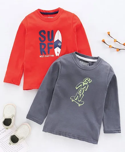 Rikidoos Pack Of 2 Full Sleeves Surfing & Skater Board Printed Tee - Red & Grey