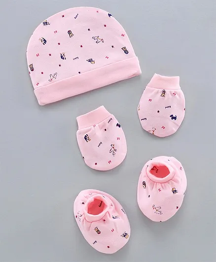 Simply 100% Cotton Cap Mittens And Booties Set of 3 Pink - Cap Diameter 11 cm