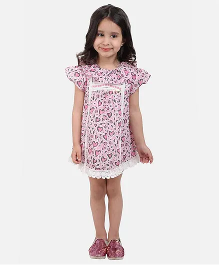 One Friday Short Sleeves Heart Print Dress - Pink