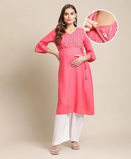 Bella Mama Three Fourth Sleeves Embroidered Yoke Maternity Ethnic Kurta - Pink