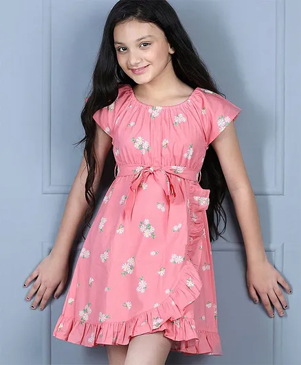 Hola Bonita Half Sleeves Frock With Mask Floral Print - Pink