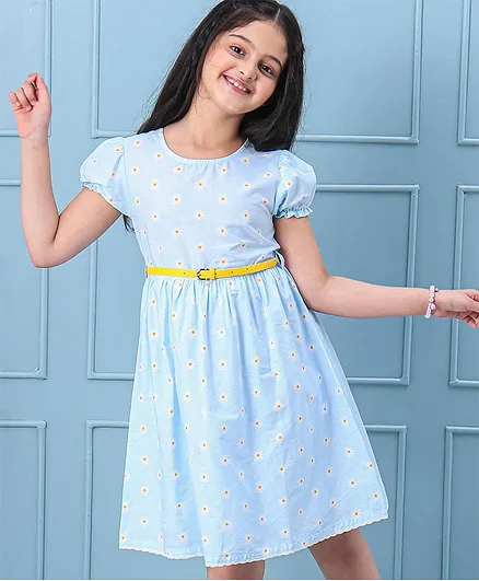 Hola Bonita Puff Sleeves Frock With Mask Floral Print - Blue