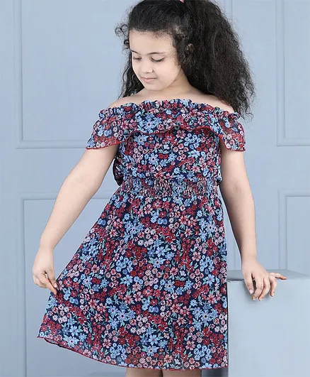 Hola Bonita Off Shoulder Frock Floral Print - Navy Blue