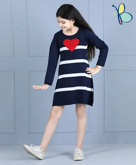 Hola Bonita Full Sleeves Jacquard Sweater Heart Print - Blue