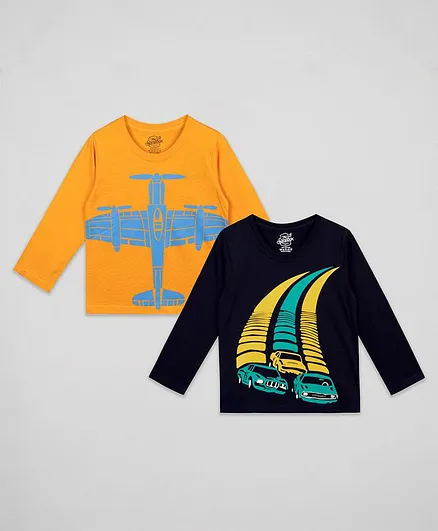 The Sandbox Clothing Co. Pack Of 2 Full Sleeves Aeroplane Print Tee - Mustard & Navy