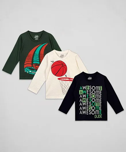 The Sandbox Clothing Co. Pack Of 3 Full Sleeves Vehicle Print Tee - Olive & Grey & Navy