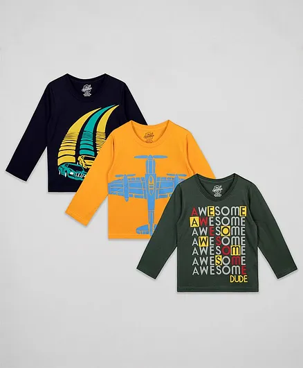 The Sandbox Clothing Co. Pack Of 3 Full Sleeves Aeroplane Print Tee - Navy & Mustard & Olive