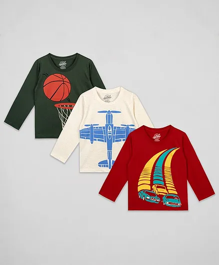 The Sandbox Clothing Co. Pack Of 3 Full Sleeves Vehicle Print Tee - Olive & Grey & Red