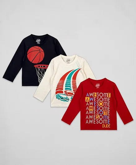 The Sandbox Clothing Co.Pack Of 3 Full Sleeves Awesome Print Tee - Navy & Grey & Red