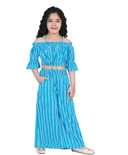 Naughty Ninos Three Fourth Sleeves Striped Top & Palazzo Set - Blue