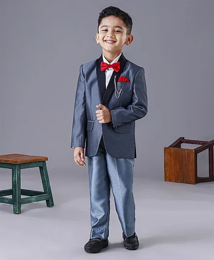 Robo Fry Full Sleeves 3 Piece Party Suit with Bow Textured - Blue