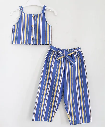 Woonie Sleeveless Striped Top With Bottom - Blue