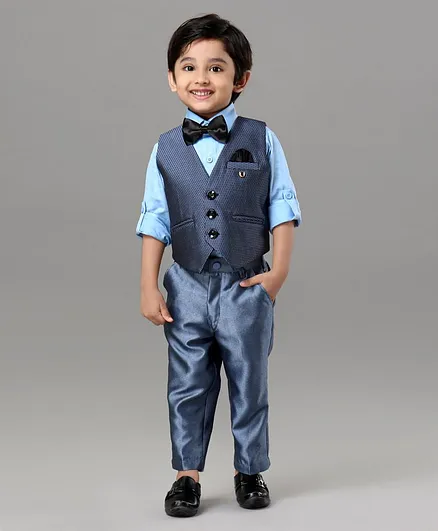 Robo Fry 3 Piece Full Sleeves Party Suit With Bow - Blue