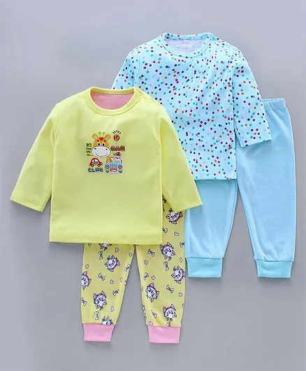 Kidi Wav Pack of 2 Full Sleeves Polka Dot Print Tee With Pant - Yellow Blue