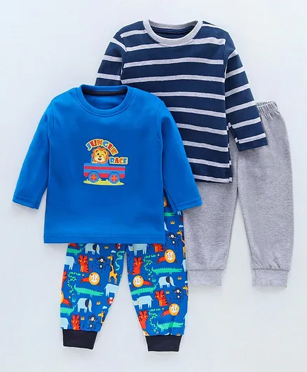 Kidi Wav Full Sleeves Pack Of 2 Animals Print Tees & 2 Lounge Pants - Blue