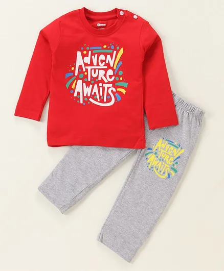 OHMS Full Sleeves Tshirt and Bottomwear Placement Print - Red Grey