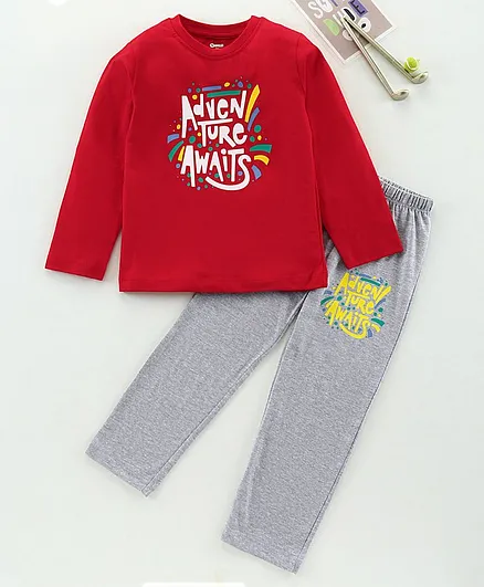OHMS Full Sleeves Tshirt and Bottomwear Placement Print - Red Grey