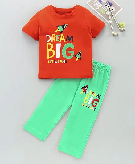 OHMS Half Sleeves T-Shirt and Lounge Pants Dream Big Print - Orange Green