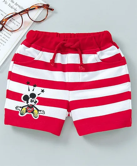 Colt Knee Length Stripe Shorts With Drawstring Mickey Mouse Embroidery - Red White