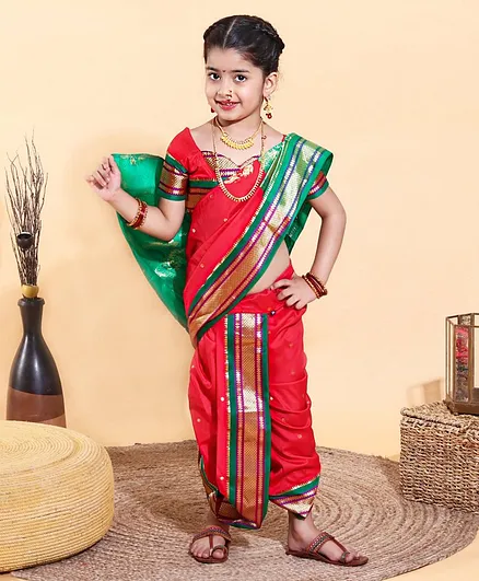 Bhartiya Paridhan Irkali Border Nine Yard Style Saree & Half Sleeves Blouse Set - Green Orange