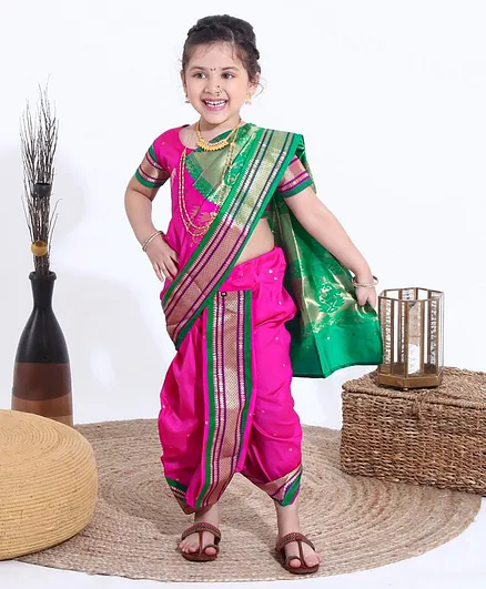 Bhartiya Paridhan Irkali Border Nine Yard Style Saree and Half Sleeves Blouse Set - Pink