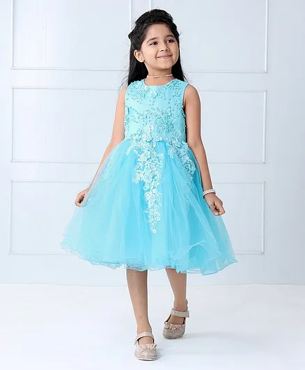 Mark & Mia Sleeveless Party Frock with Embroidery & Flower Applique - Blue