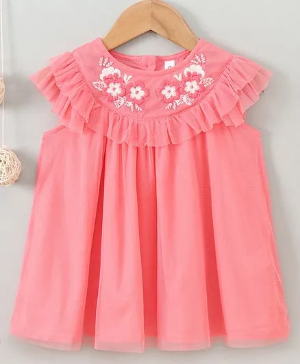 Babyhug Sleeveless Mesh Frock Floral Embroidery - Coral