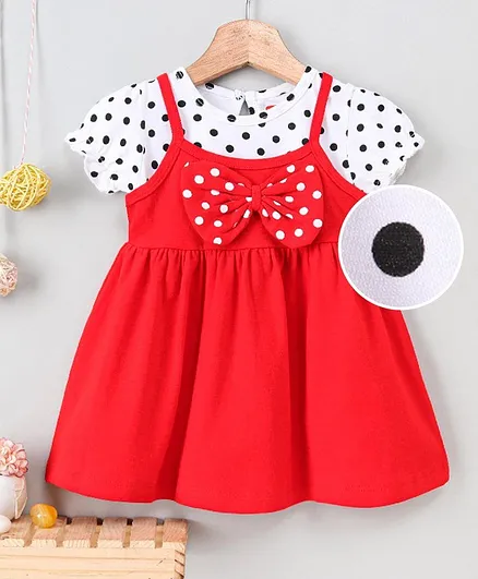 Babyhug Half Sleeves T-Shirt With Frock Polka Dot Print - Red & White