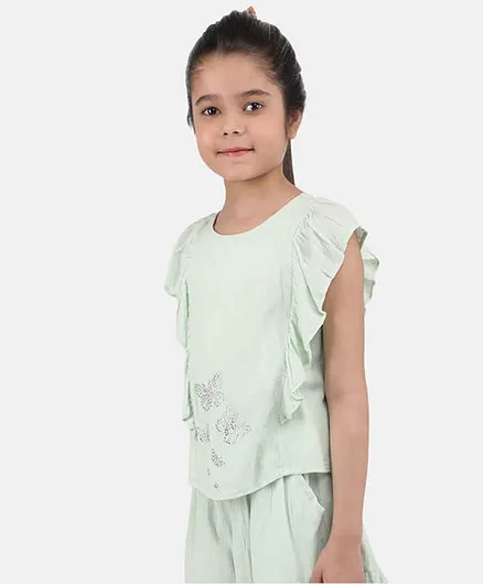 One Friday Cap Sleeves Butterfly Print Top - Green