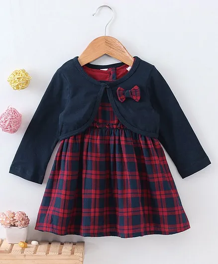 Babyhug Sleeveless Checked Frock with Shrug - Blue