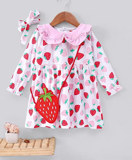 Babyhug Full Sleeves Frock with Headband and Purse - White Red