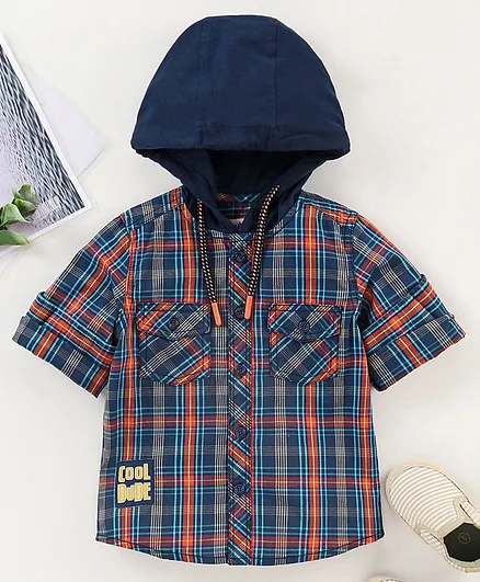 Babyhug Full Sleeves Hooded Checked Shirt - Blue
