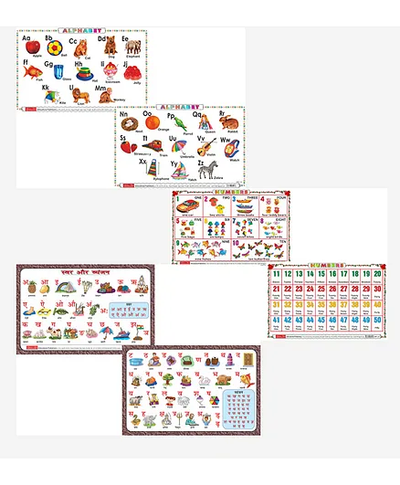 Double Sided Laminated Alphabets Numbers & Hindi Varmala Educational Charts Pack of 3 - English