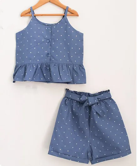 Woonie Sleeveless Polka Dotted Top With Shorts - Blue