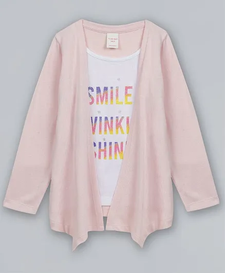 Plum Tree Printed Top With Attached Full Sleeves Shrug - Pink