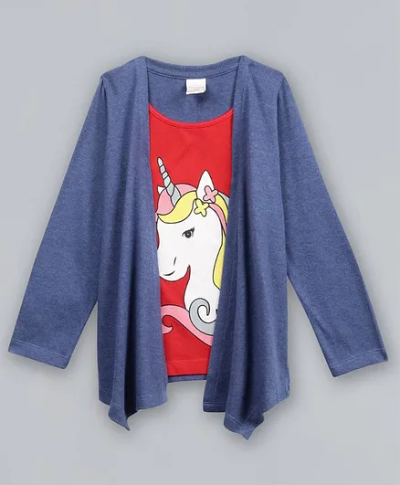 Plum Tree Unicorn Printed Top With Attached Full Sleeves Shrug - Navy Blue