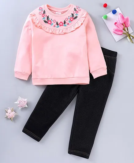 Babyhug Cotton Full Sleeves Top & Full Length Bottomwear - Pink