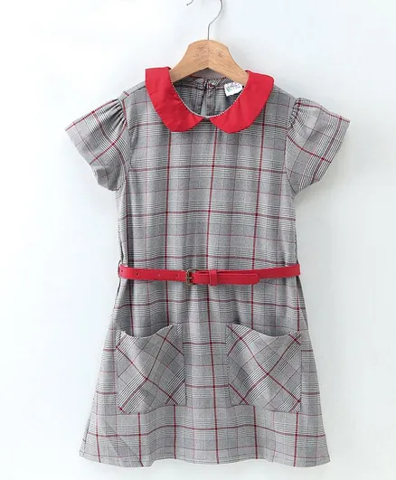 Hola Bonita Short Sleeve Straight Cut Frock with Belt Checked - Grey
