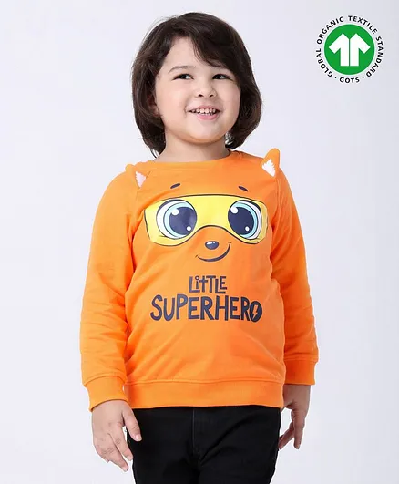 Babyoye Full Sleeves GOTS Certified Organic Cotton Winter Wear T-Shirt Cartoon Graphic - Orange