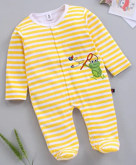 Little Folks Full Sleeves Footed Striped Romper - Yellow