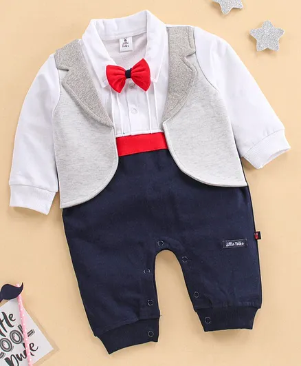 Little Folks Party Wear Full Sleeves Romper With Bow & Attached Waistcoat - White Light Grey Navy Blue