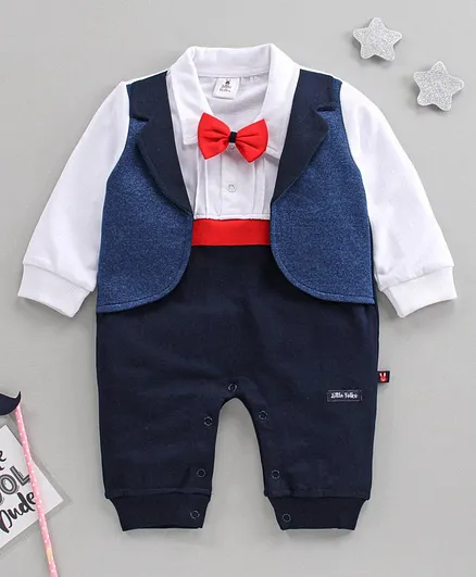 Little Folks Party Wear Full Sleeves Romper With Bow & Attached Waistcoat - White Navy Blue