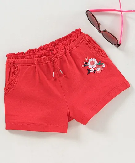 Babyhug Shorts With Drawstring Floral Embroidered - Red