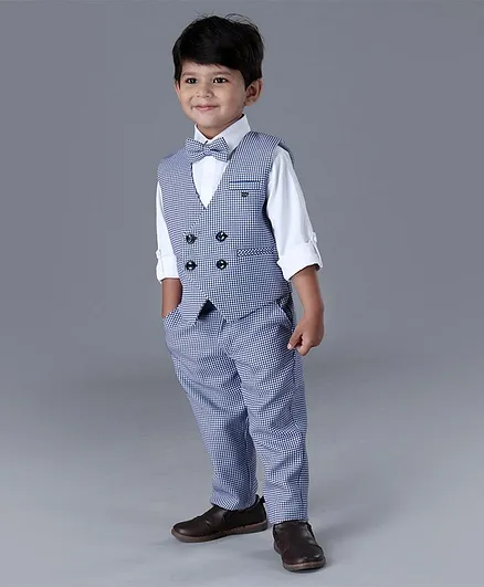 Robo Fry 3 Piece Full Sleeves Checks Party Suit With Bow - Blue White