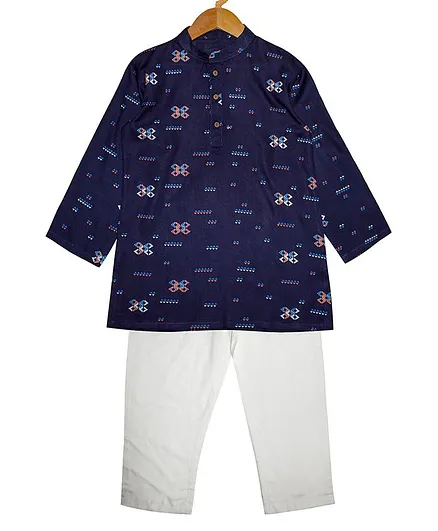 Kiddopanti Full Sleeves Printed Kurta Pyjama Set - Navy