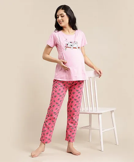 Bella Mama Half Sleeves Night Suit Koala Print - Pink