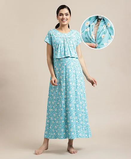 Bella Mama Half Sleeves Floral Printed Nursing Nighty - Blue
