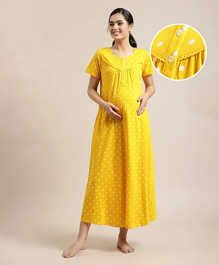 Bella Mama Half Sleeves Maternity Nighty Polka Dot Print - Yellow