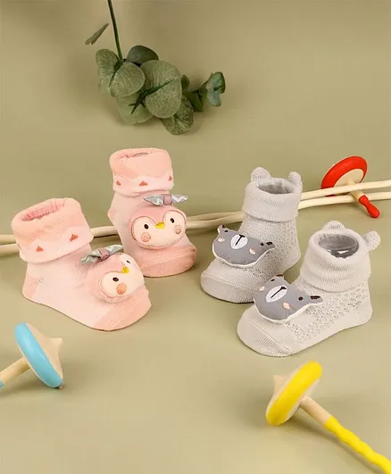 Kicks & Crawl Penguin & Bears Design 3D Socks 2 Pack - Pink & Grey