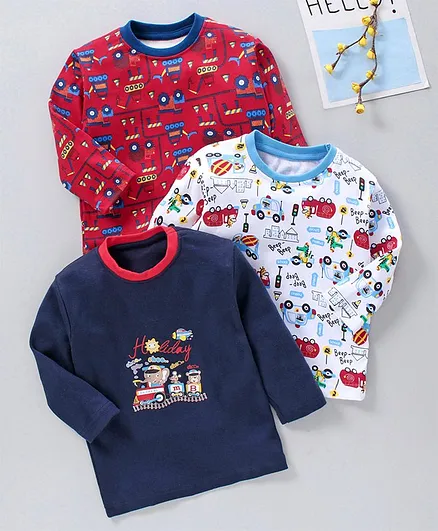 Kidi Wav Vehicle Print Full Sleeves Pack Of 3 Tee - Blue Red White